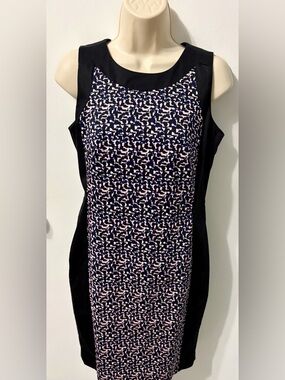 Liz Claiborne Black Midi Dress with Pink & Blue Abstract Print